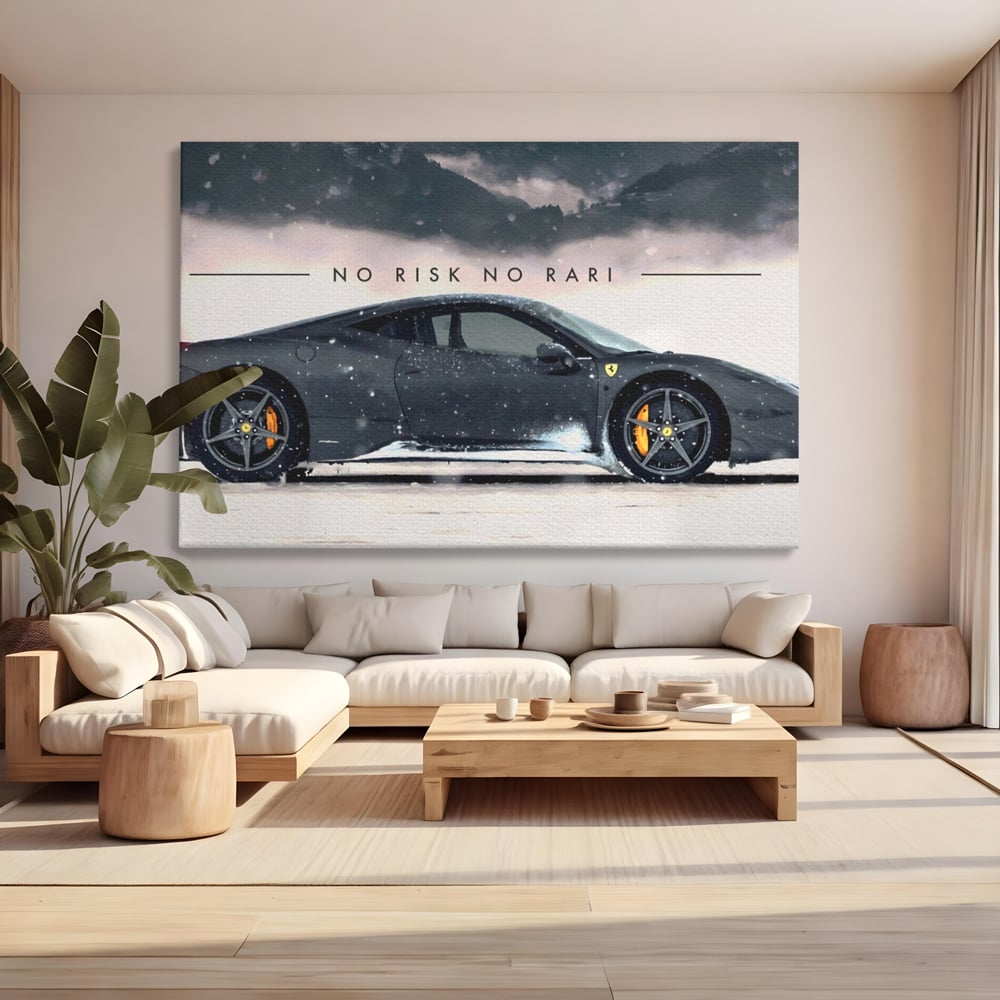 Tablou canvas cu tablou canvas cu masina ferrari pe zapada, fara rama, pe sasiu de lemn, pe perete intr-un living